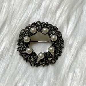 Vintage 1990s Brooch Pin Sterling Silver 925 Marcasite With Pearls